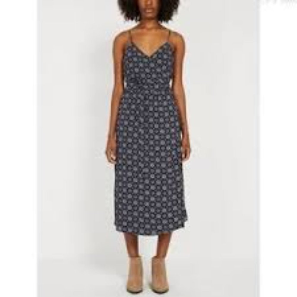 FRANK & OAK NAVY WHITE MEDALLION PATTERN WRAP SLEEVELESS MIDI DRESS - M